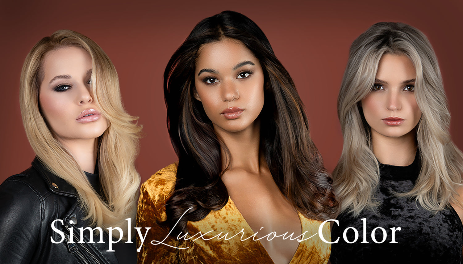 Three women with different hair colors—blonde, brunette, and cool-toned blonde—posing against a rich, warm background with the text 'Simply Luxurious Color' displayed across the bottom.